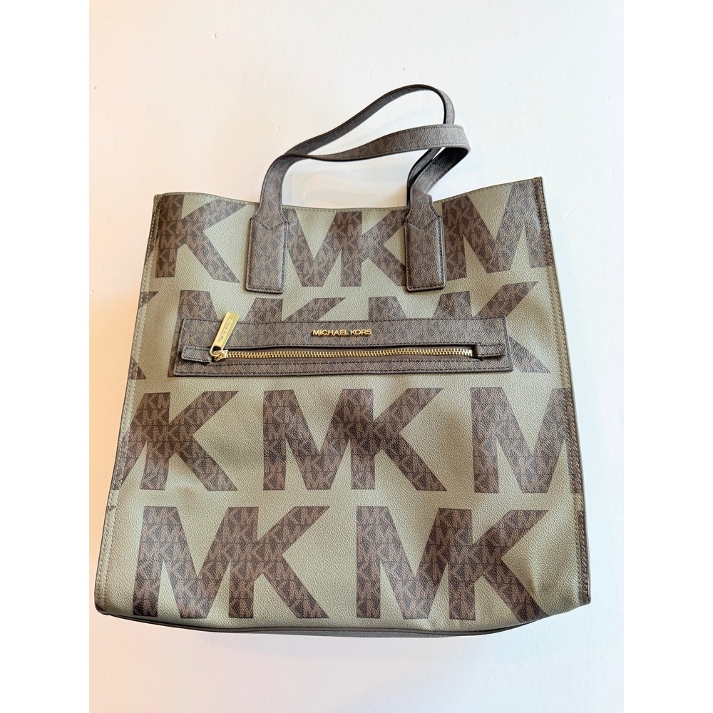 Michael Kors Large Sage Green Brown Monogram Logo Tote Bag Shopper Gold Hardware